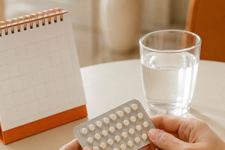 A woman's hands holding a birth-control pill pack beside a calendar