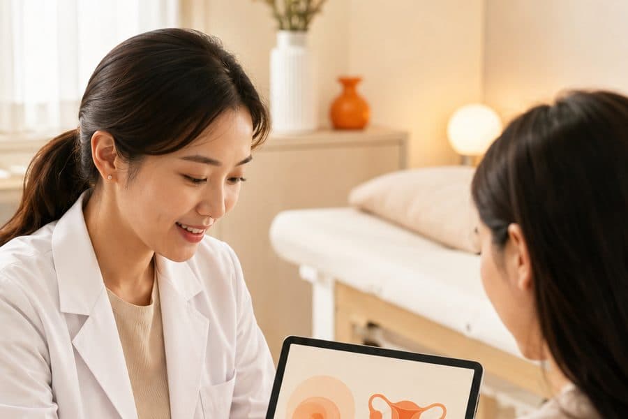 A female doctor explaining women's health on a tablet to a patient