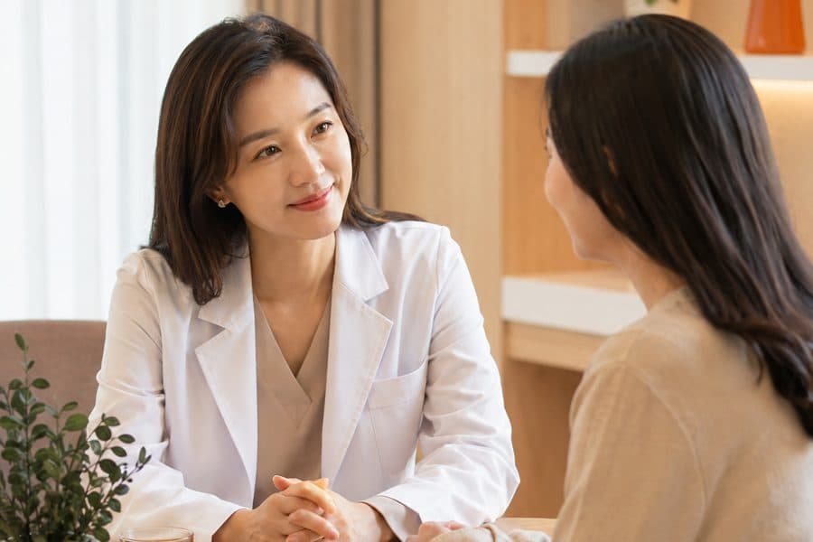 A caring female doctor talking gently with a woman over tea