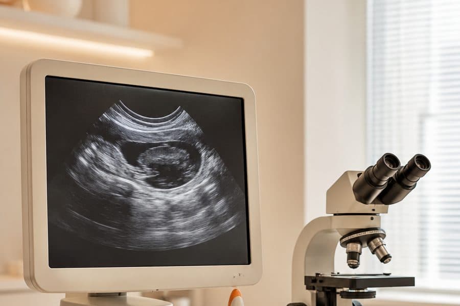 An ultrasound monitor, microscope and sample tubes in a bright clinic