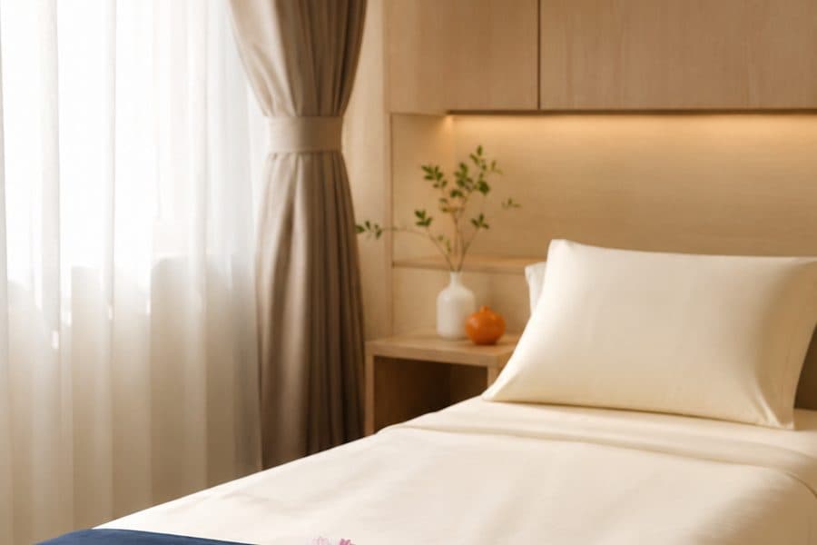 A calm, private recovery room with soft linens and a single flower