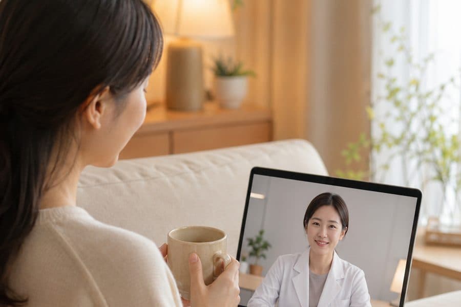 A woman having a video consultation with a doctor from home